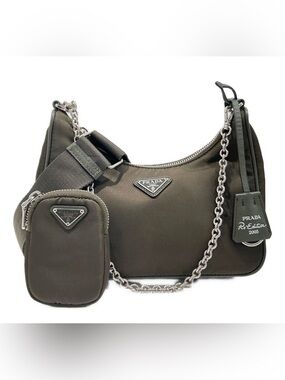 Prada Re-Edition 2005 Green Nylon Shoulder Crossbody Bag Silver Chain Full Set